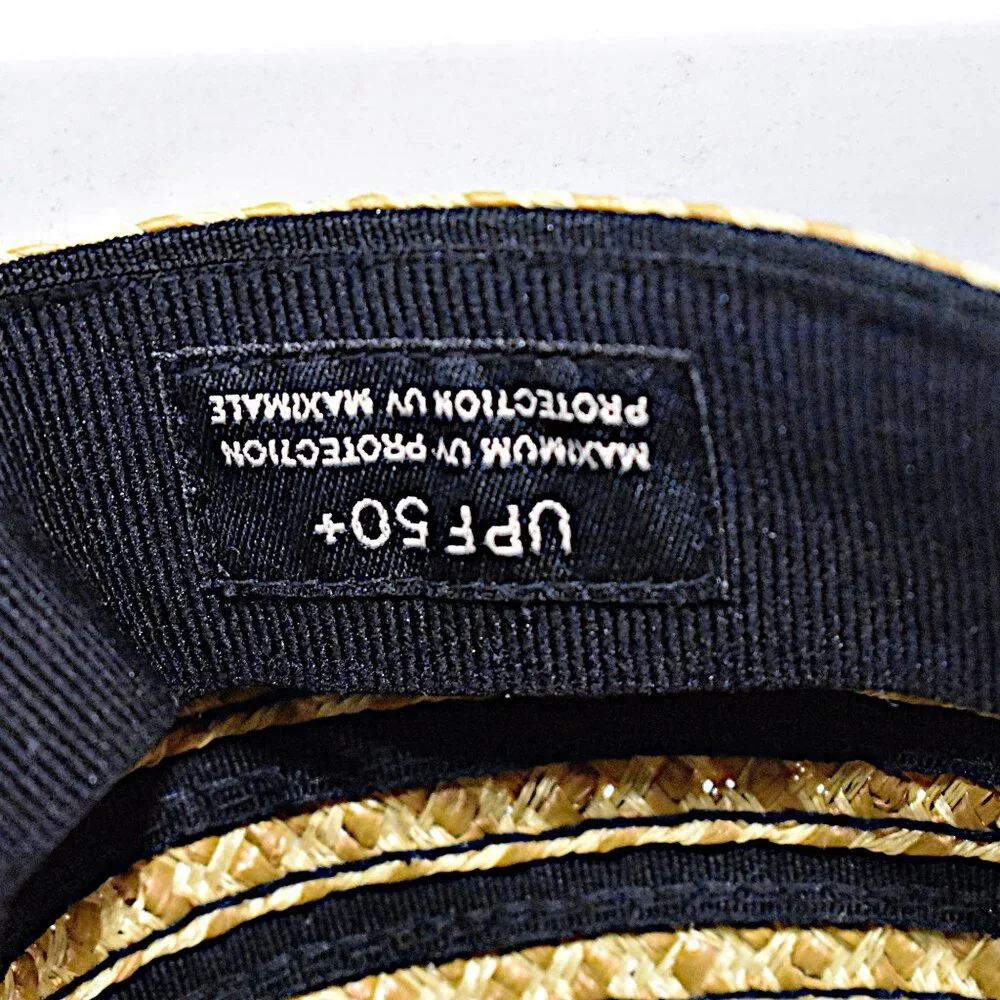 Eric Javits Womens Newsboy Hat Natural Raffia  Tan & Black UPF 50+ Packable Cap - Picture 7 of 7